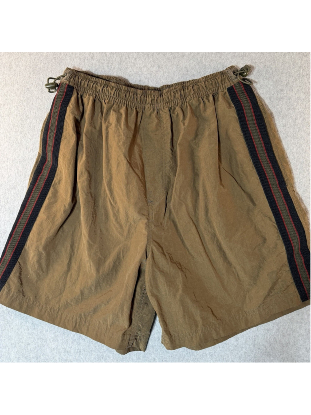 Vintage BUM Equipment Shorts Mens M Nylon Elastic Waist Brown Stripes Y2K 90s
